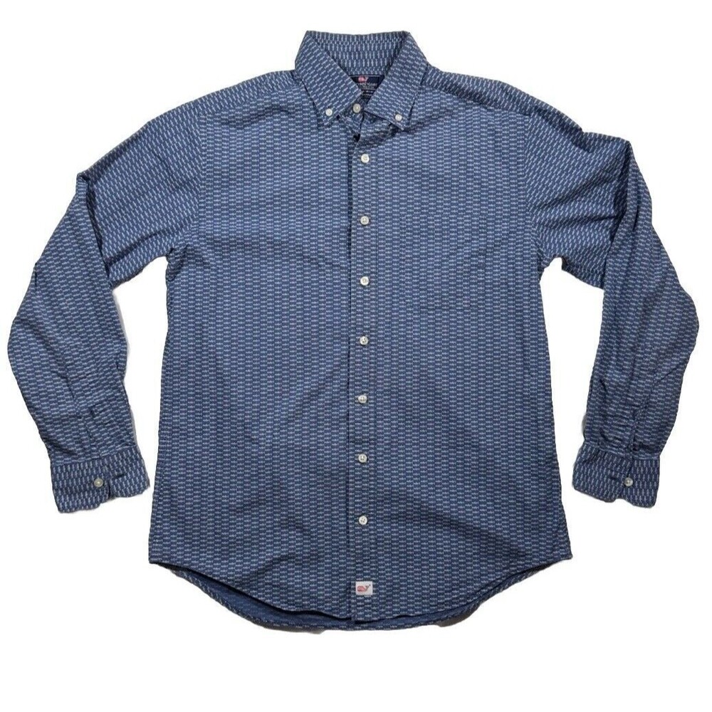 Vineyard Vines Slim Fit Murray Button Up Shirt Men's M Blue Fish Print Cotton